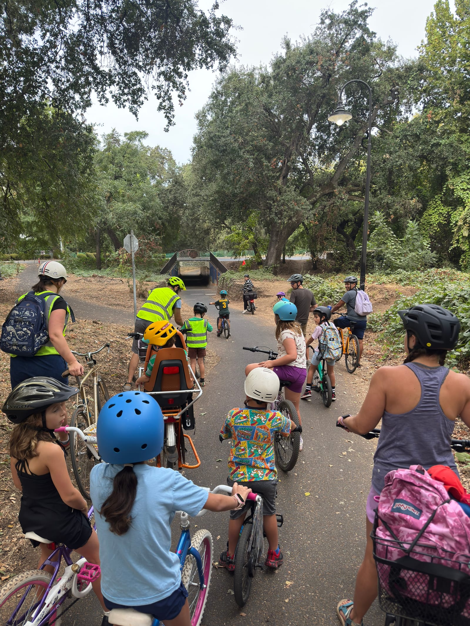 Chico families riding to school together on the Bike Bus